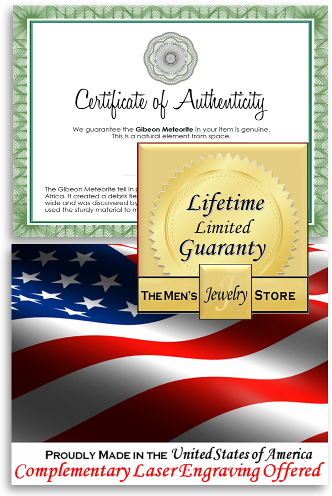 Authentic Gibeon Meteorite Rings proudly made in the USA with free engraving offered from The Men’s Jewelry Store. 