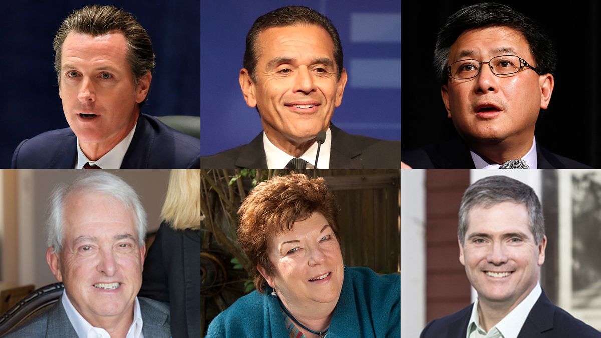 Candidates for governor in California June 5, 2018 primaries: John Cox-R, Travis Allen R, Antonio Villaraigosa D, Gavin Newsom D, Delaine Eastin D, John Chiang D.