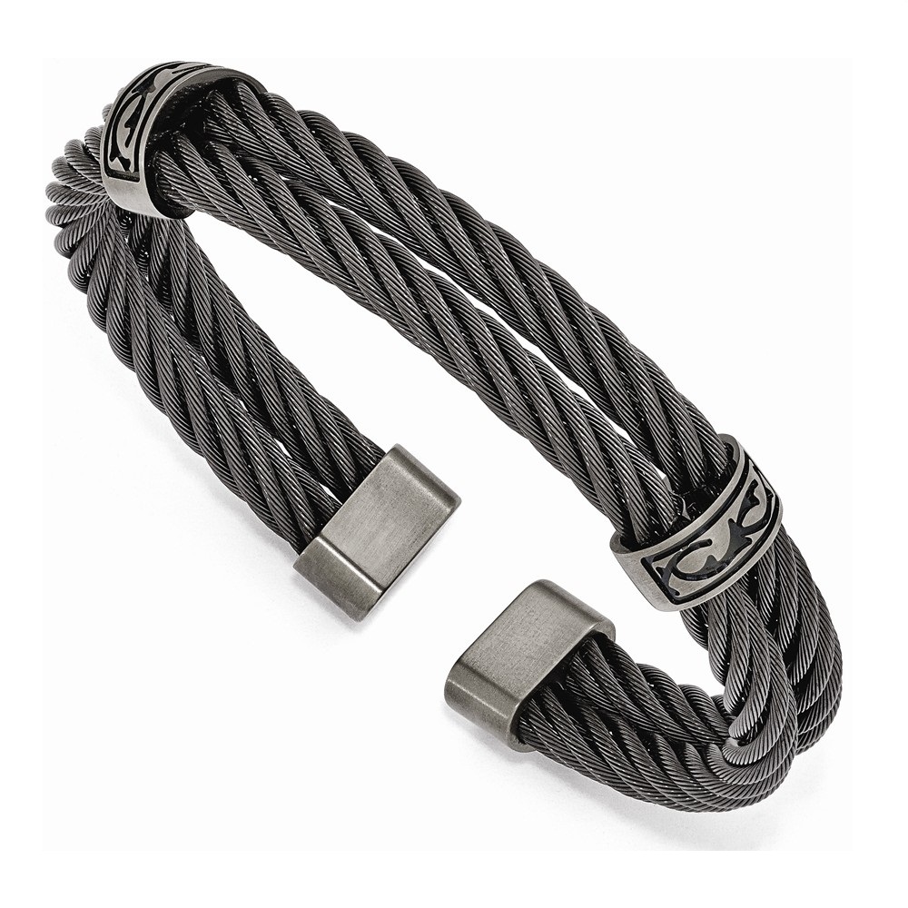Men's Brushed Titanium Black Memory Double Cable Cuff Bracelet, 7