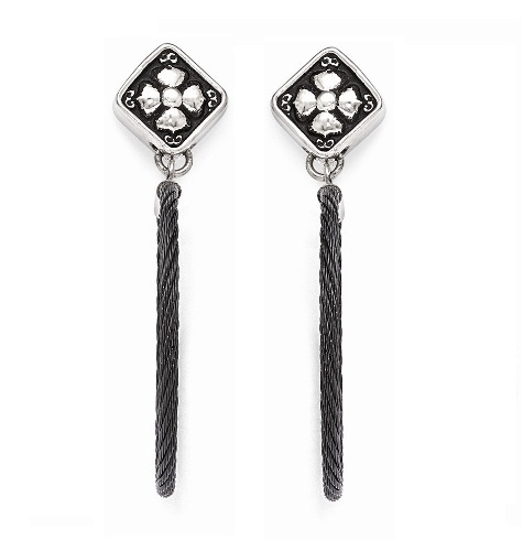 Two-Tone Black Titanium Cable and Sterling Silver Drop Post Earrings