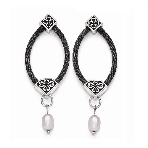 Black Titanium  and Sterling Silver Freshwater Cultured Pearl Cable Drop Earrings