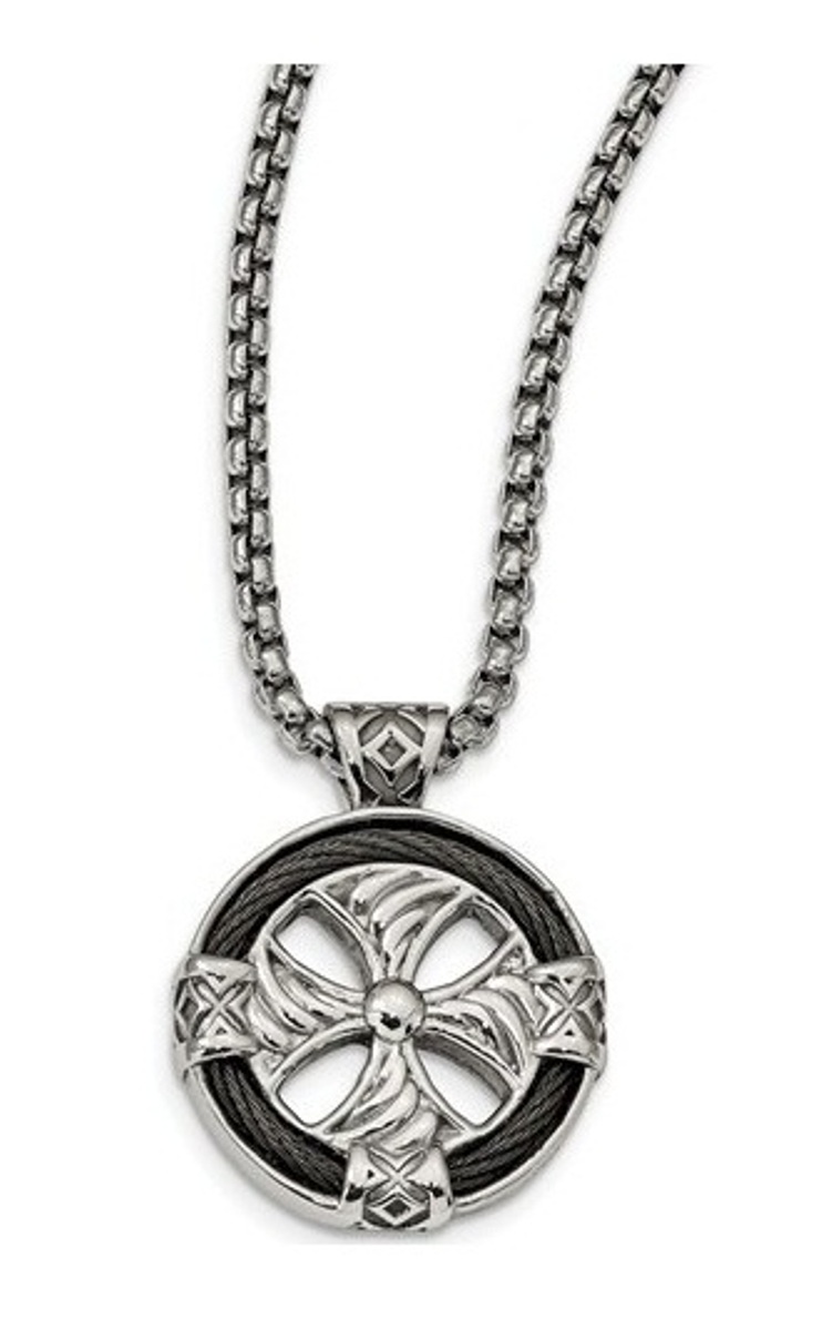 Edward Mirell Stainless Steel And Black Memory Cable Round Cross Necklace