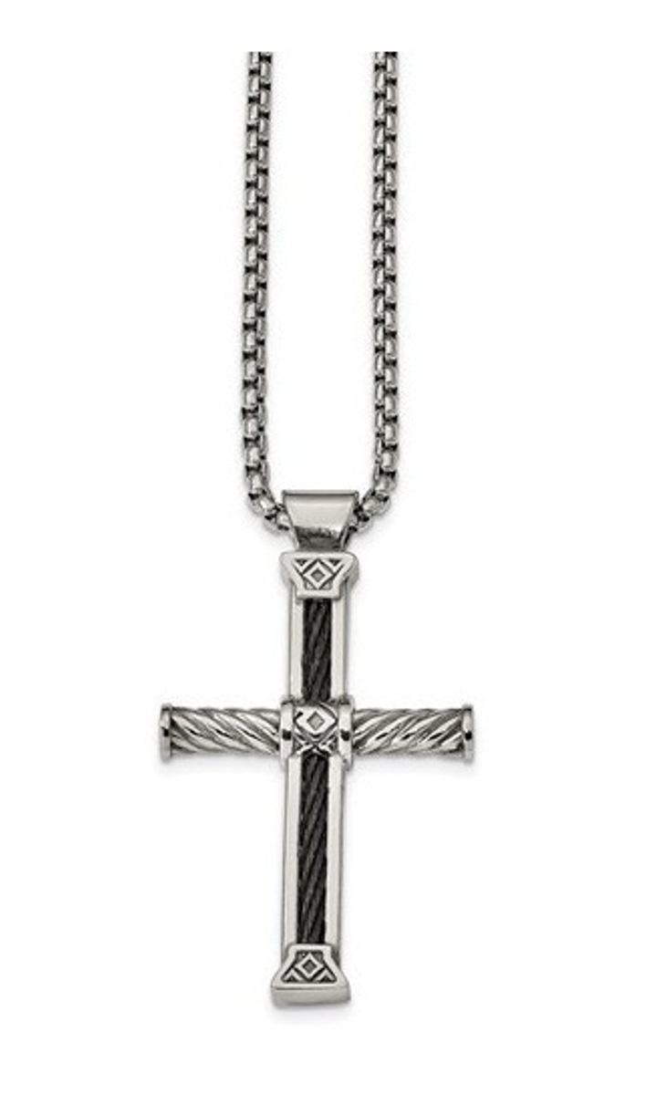 Edward Mirell Stainless Steel And Black Memory Cable Cross Necklace