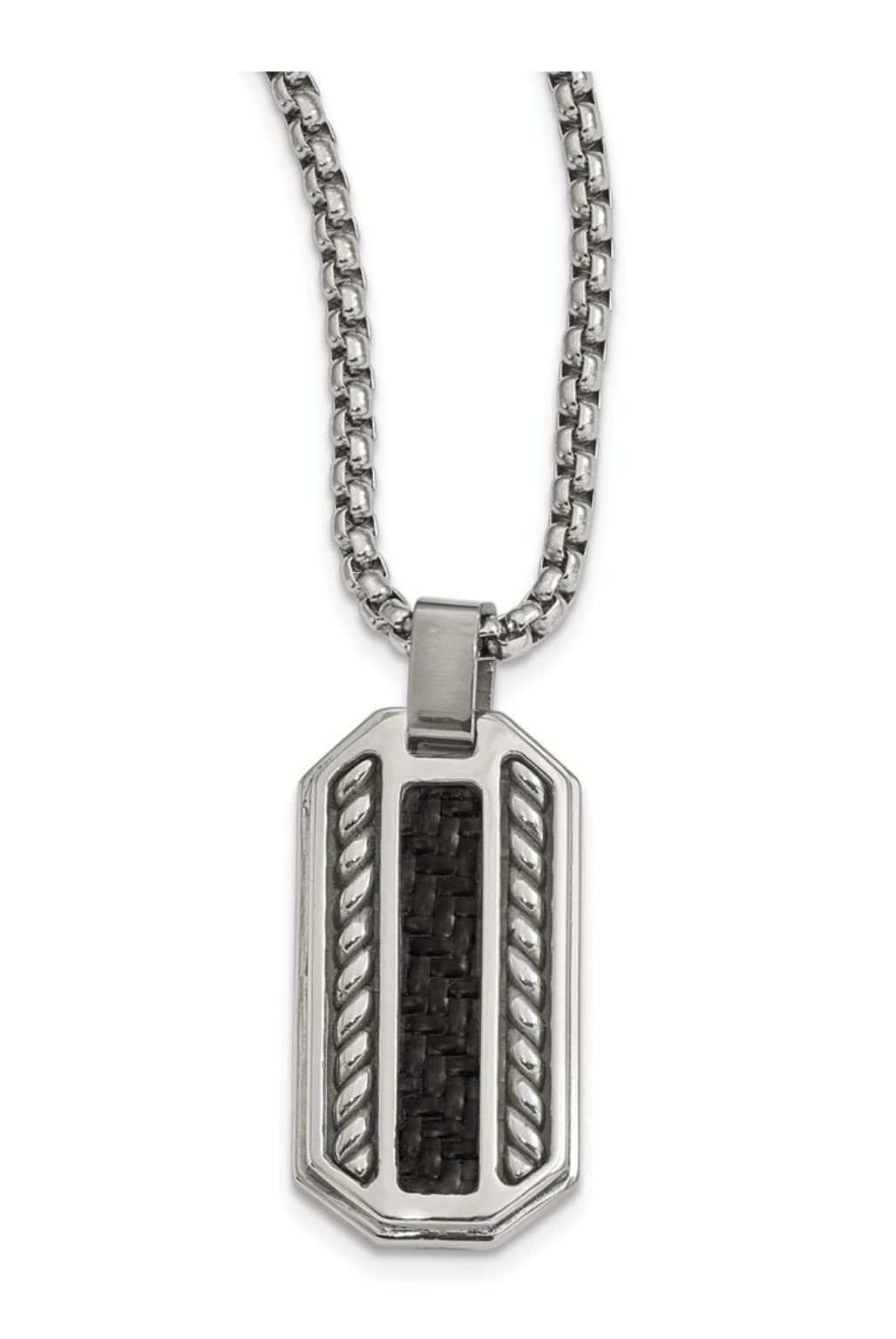  Stainless Steel Black Carbon Fiber Dog Tag Pendant Necklace, 20