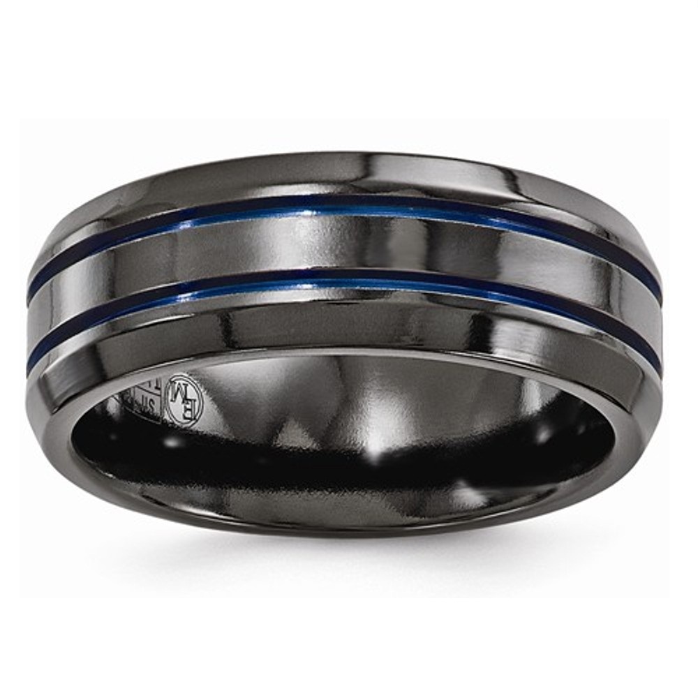 Black Ti Beveled And Grooved Blue Anodized 8mm Band
