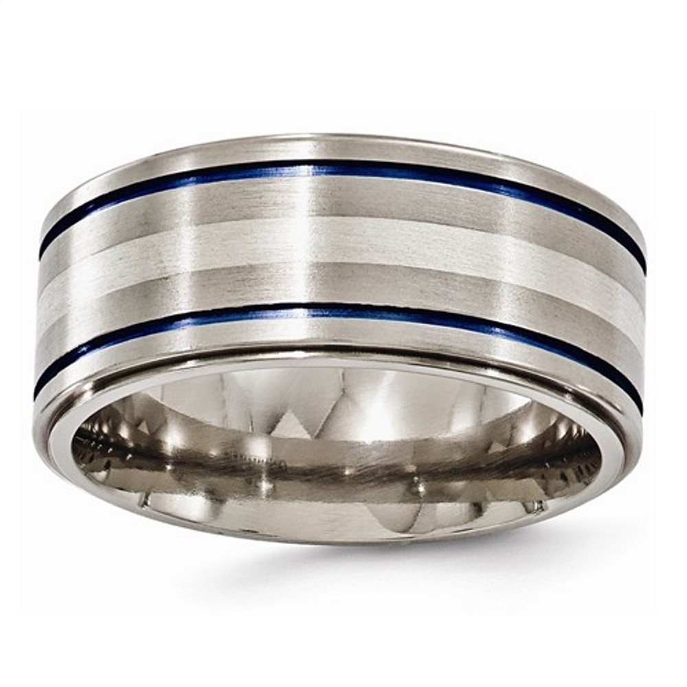 Brushed Titanium Grooved Blue Anodized  with Sterling Silver 10mm Two-Tone Band