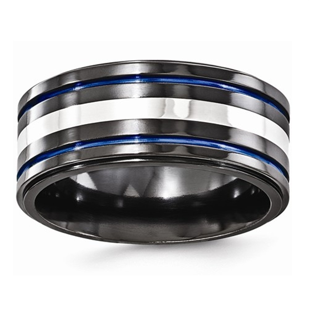 Black Ti Sterling 925 And Grooved Blue Anodized Band
