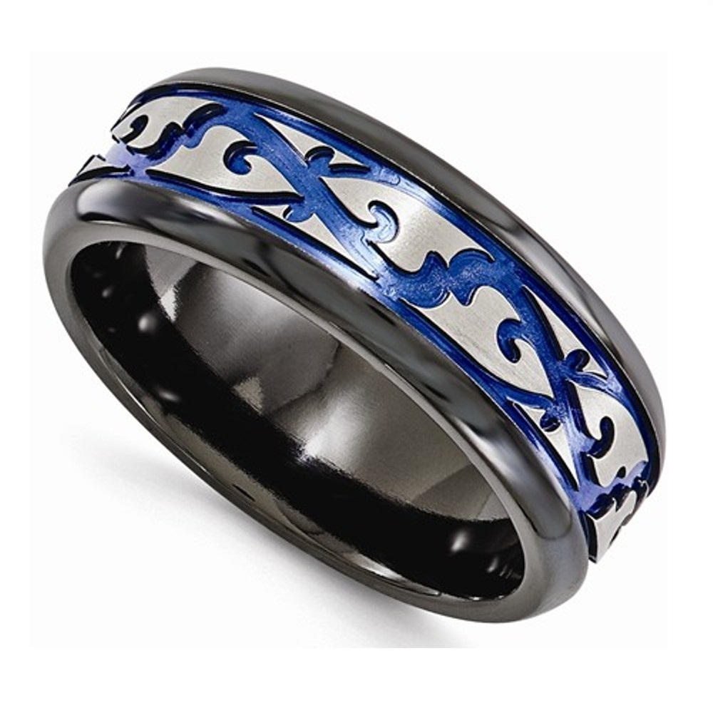 Black Ti Scroll Pattern Blue Anodized 9mm Band