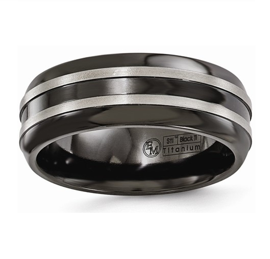 Titanium Brushed/Polished/Grooved Black Ti 8mm Ring