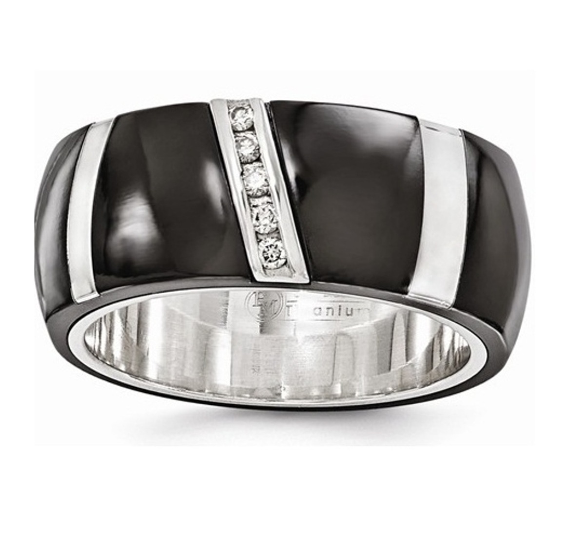  Black TI And Sterling Silver Diamond Polished Ring