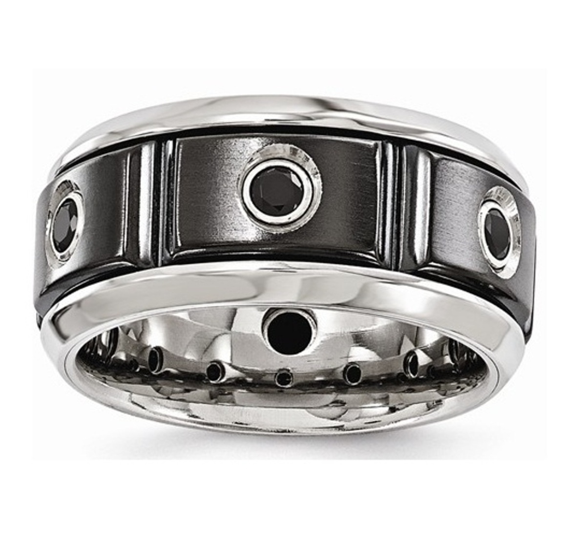 Black Ti Stainless Steel Silver Bezel Black Spinel Ring