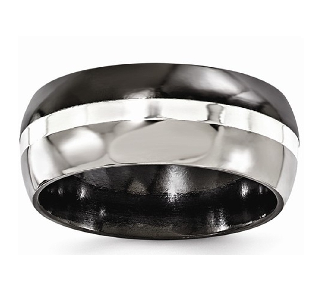 Black Ti With Sterling Silver Inlay Brushed And Polished 9mm Ring