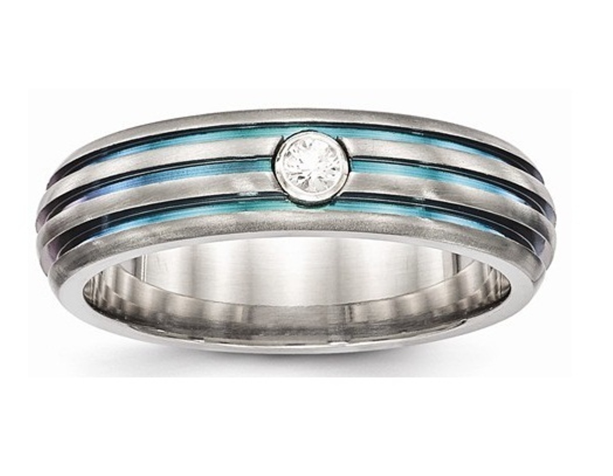  Titanium Trpl Groove Multicolor Anodized White Sapphire Ring
