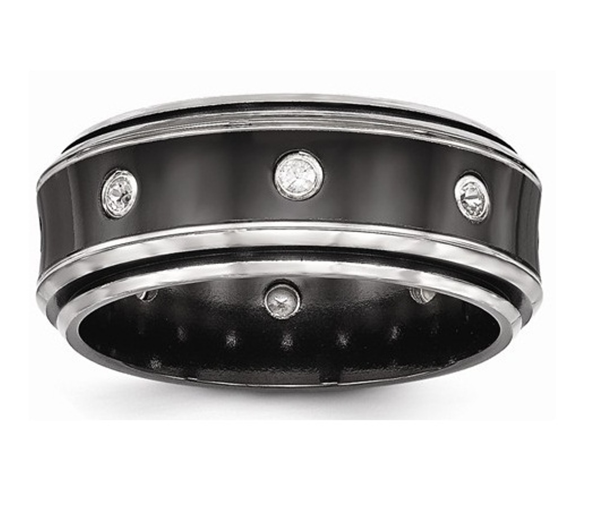  Black Ti And Titanium Polished White Sapphire Beveled Ring