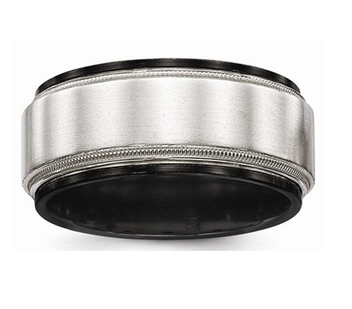  Black Ti And Sterling Silver Brushed And Polished Milgrain Ring