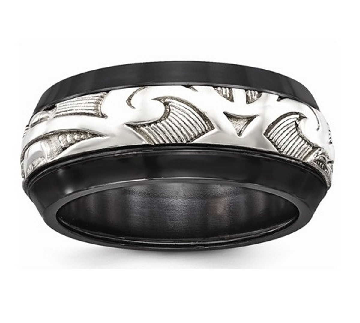  Black Ti And Sterling Silver Inlay Polished Scroll Ring