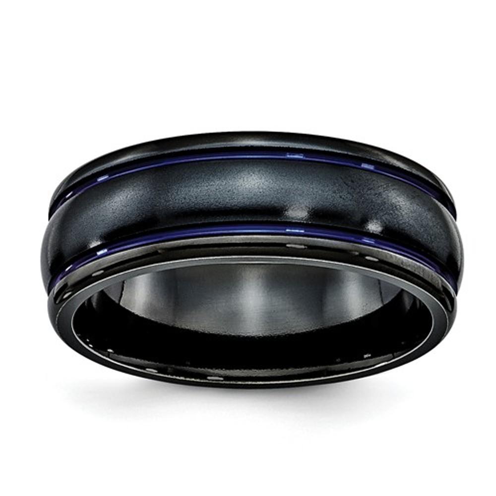  Black Titanium Scroll Pattern Blue Anodized Grooved  8mm Wedding Band