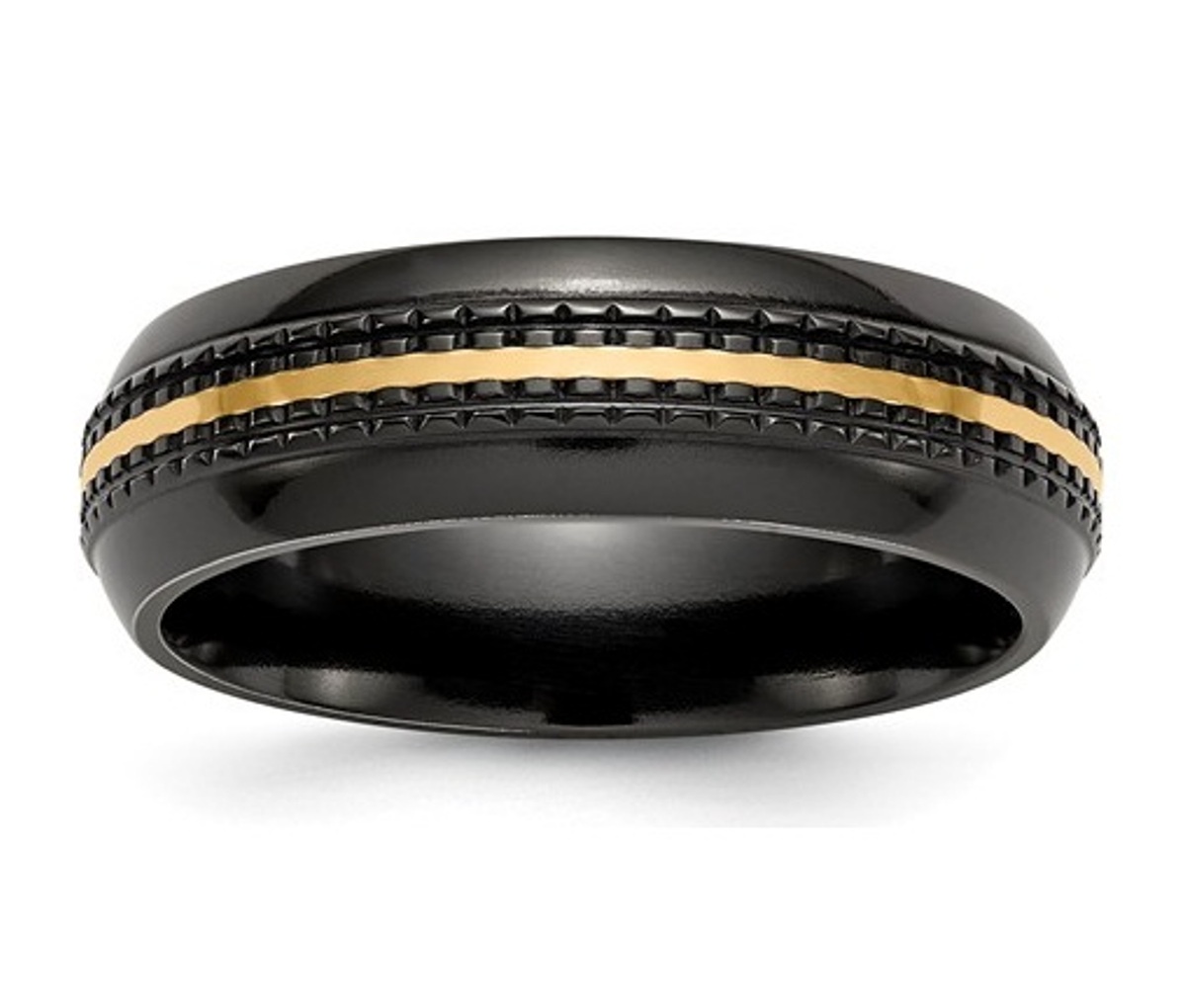  Black Ti 14K Patterned 7mm Band