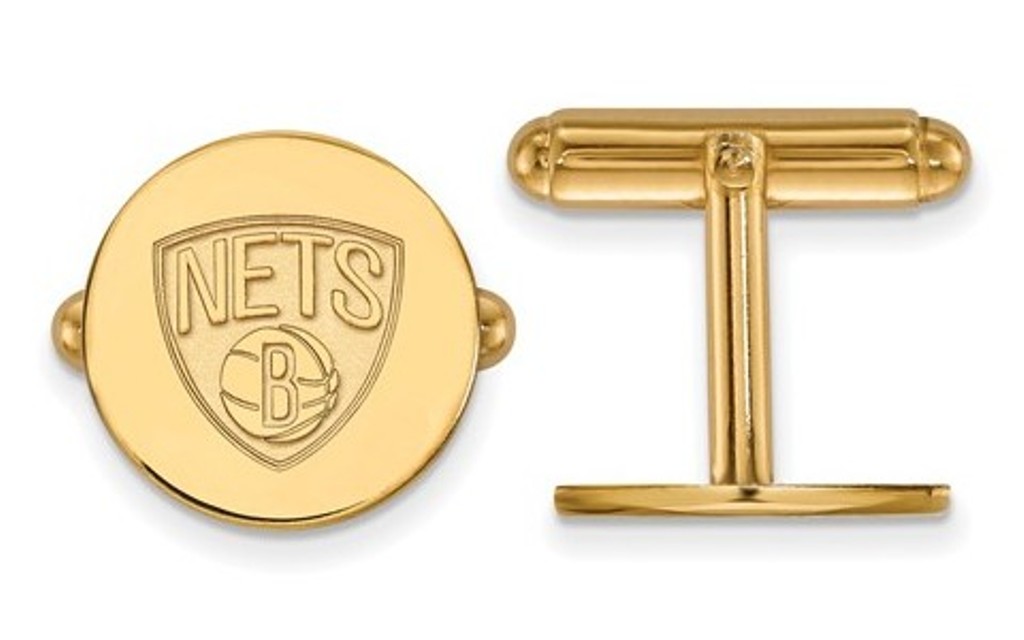 Gold-plated Sterling Silver ,NBA LogoArt Brooklyn Nets,Round Cuff Links,15MM