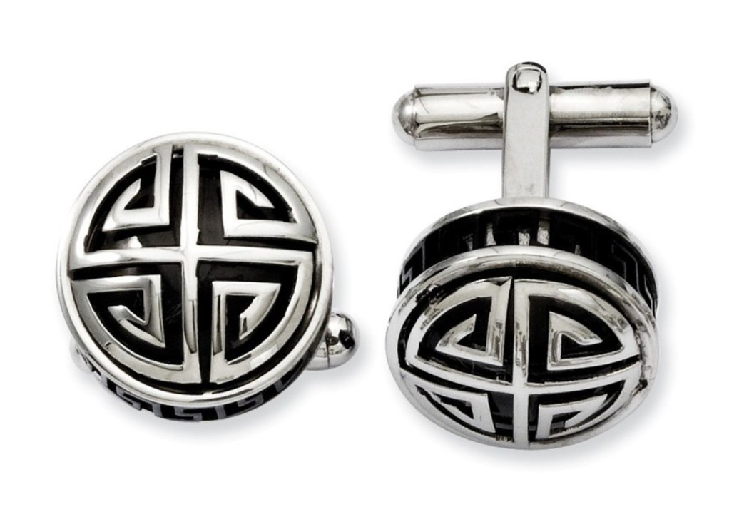 Stainless Steel Polished Black Enamel Round Cuff Links (15MM)