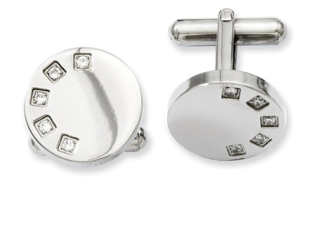 Stainless Steel Polished Cubic Zirconia Round Cuff Links (16MM)