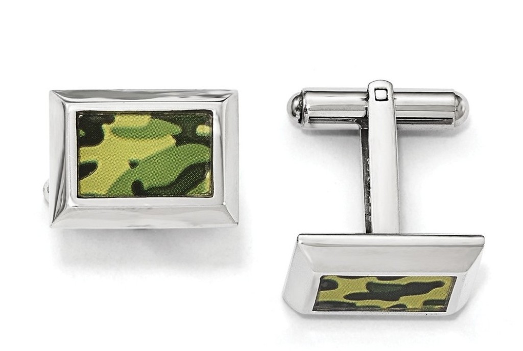 Stainless Steel Polished Printed Green enamel Camo Under Rubber Cuff Links
