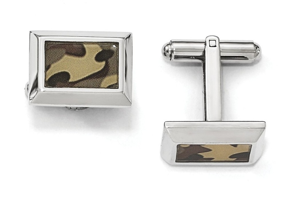 Stainless Steel Polished Printed Brown Camo Under Rubber green enamel febric Cuff Links