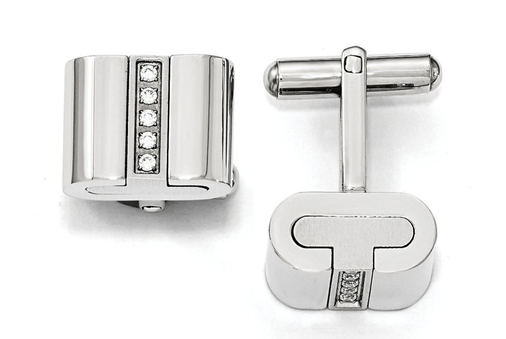 Brushed And Polished Stainless Steel With CZ Square Cuff Links 