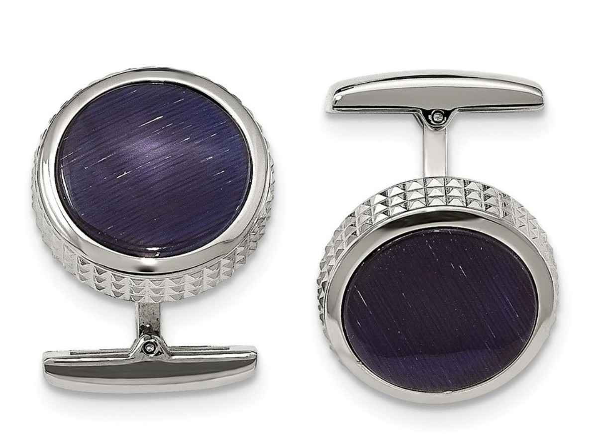 Stainless Steel Polished Blue Cat's Eye Textured Round Cuff Links