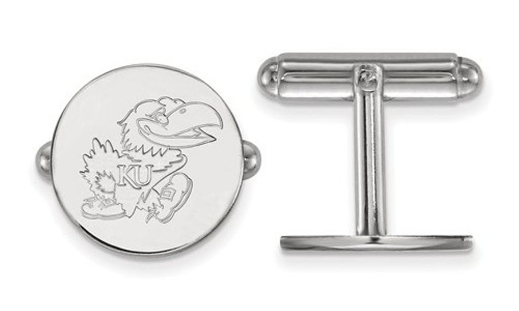 Rhodium-Plated Sterling Silver LogoArt University Of Kansas Cuff Links,15MM
