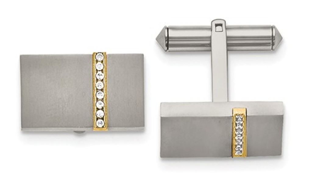 Titanium Brushed Yellow IP-Plated CZs Rectangular Cuff Links