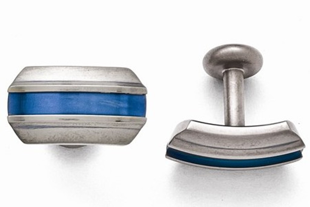 Grey Titanium TI Brushed Blue Anodized Stripe Cuff Links