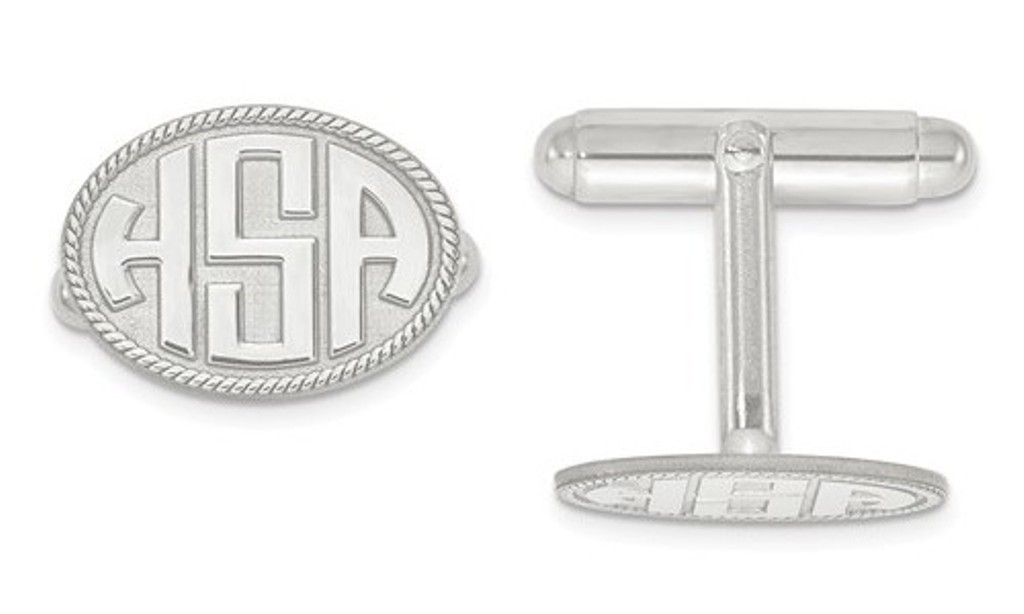 Sterling Silver Raised Letters Oval Border Monogram Cuff Links