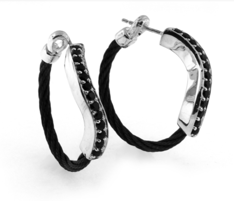black spinel cable hoop earrings.