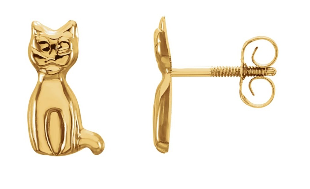 Girl's 14k Yellow Gold Cat Stud Earrings with Threaded Posts