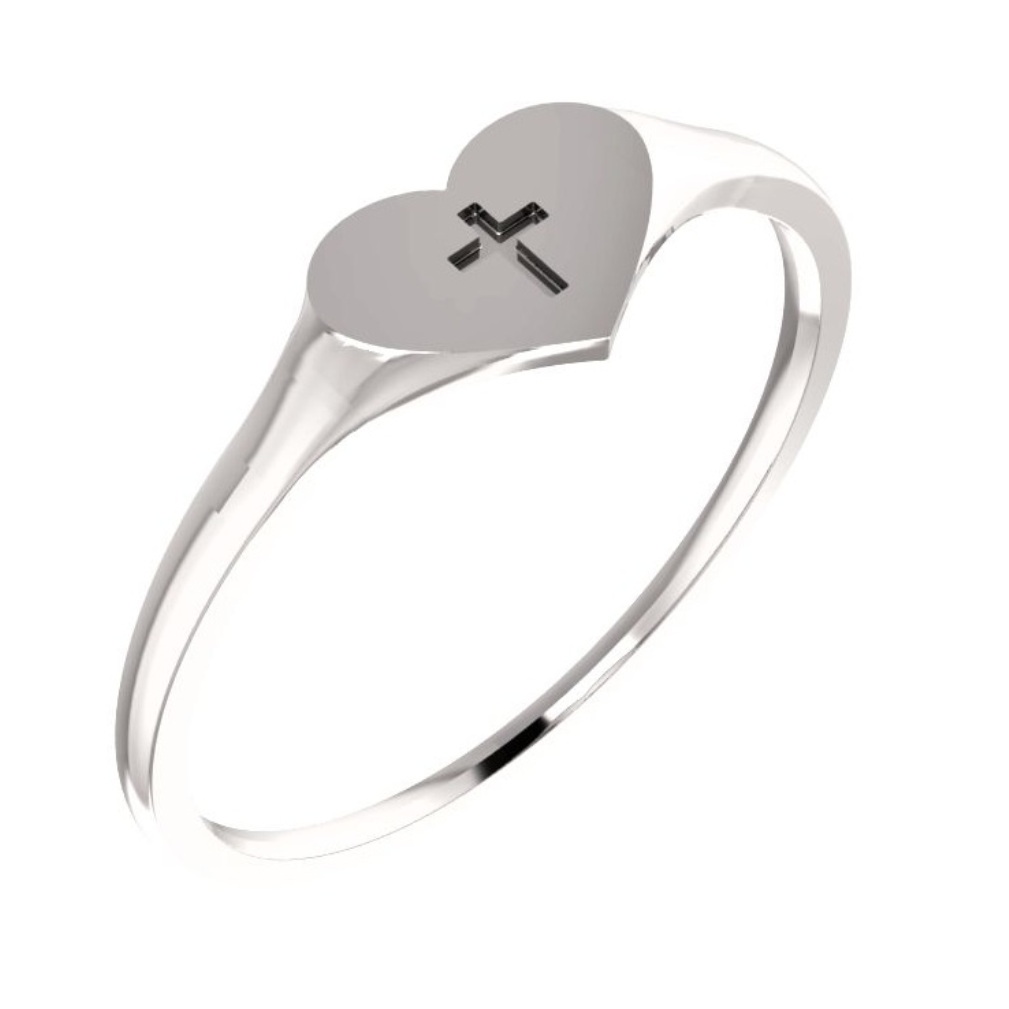 Girl's Heart and Cross 4.25mm Signet Ring, Rhodium-Plated 14k White Gold