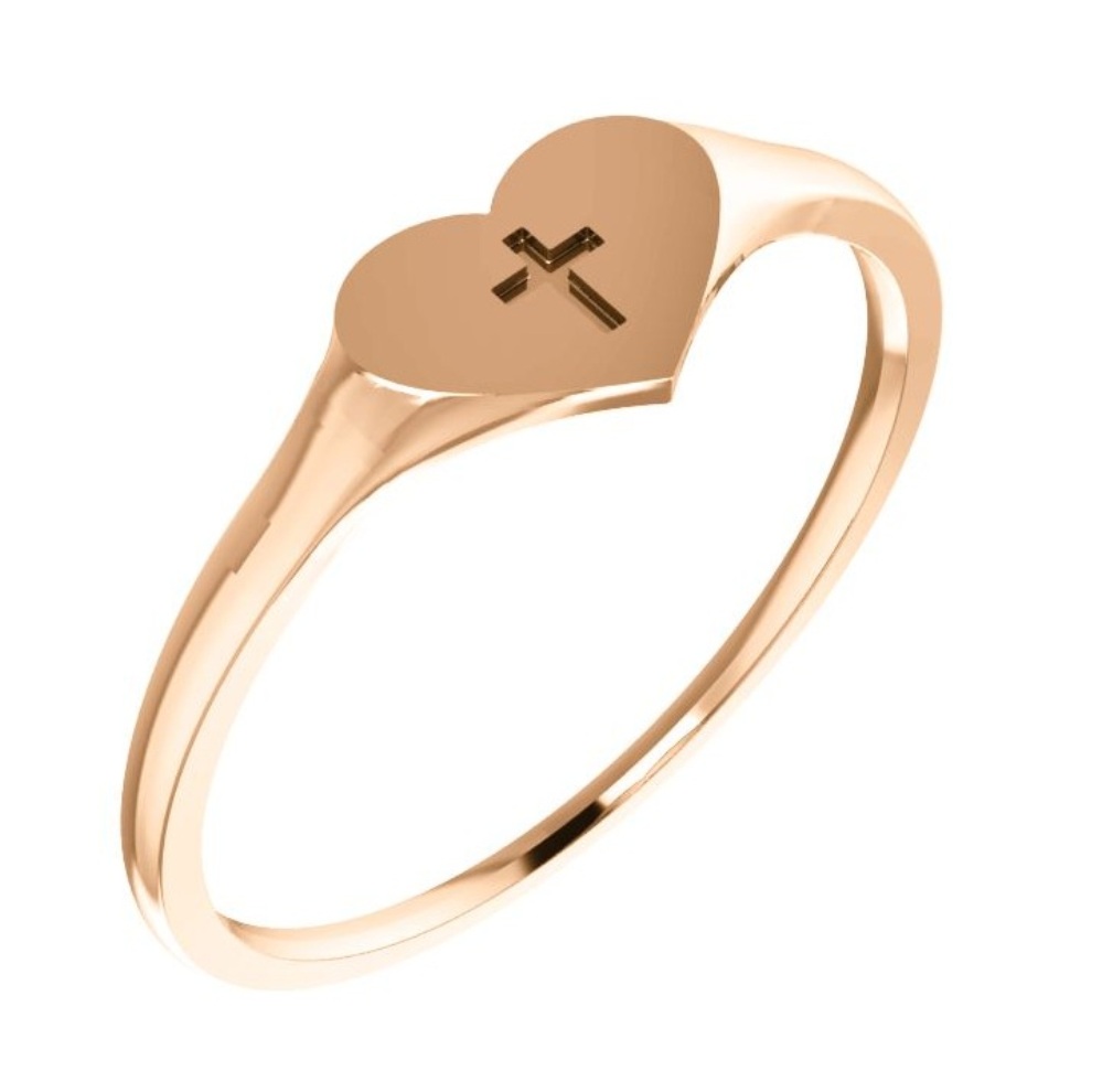 Girl's Heart and Cross 4.25mm Signet Ring, 14k Rose Gold