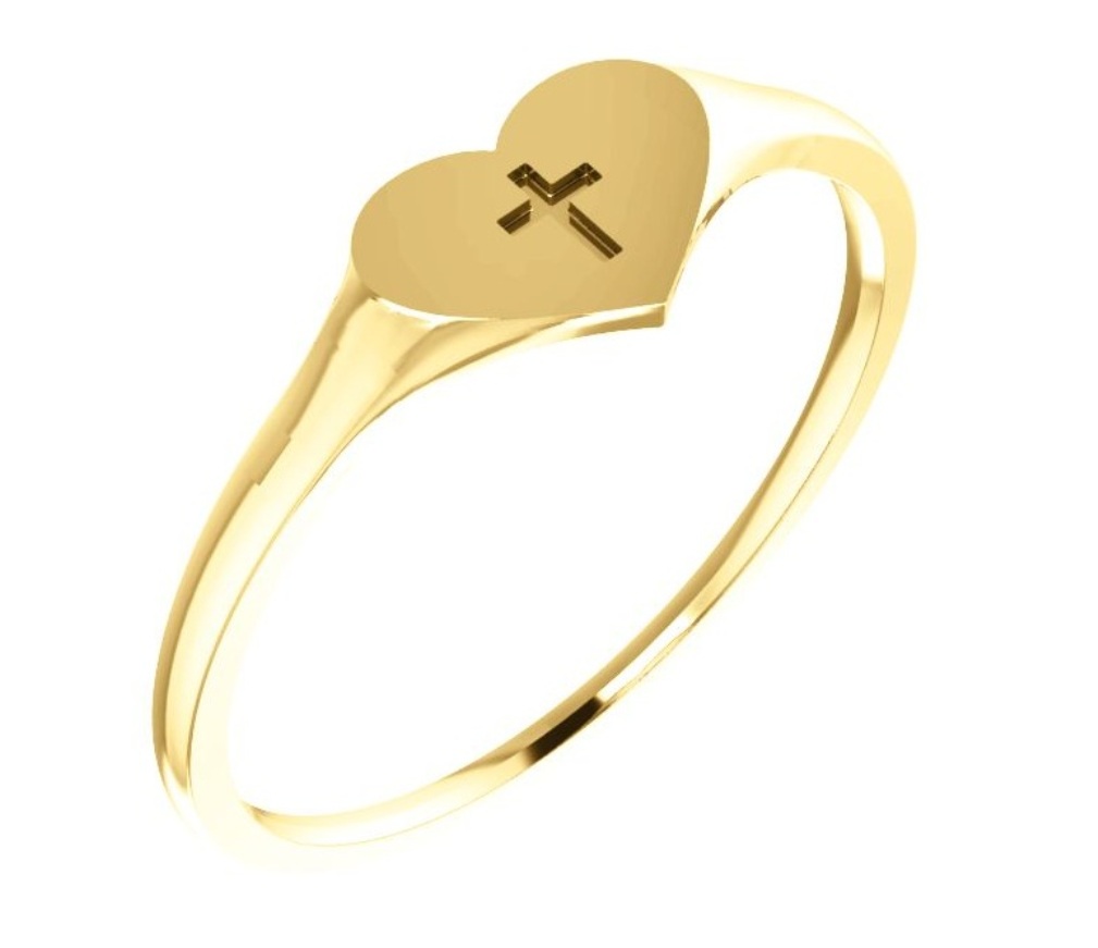 Girl's Heart and Cross 4.25mm Signet Ring, 14k Yellow Gold