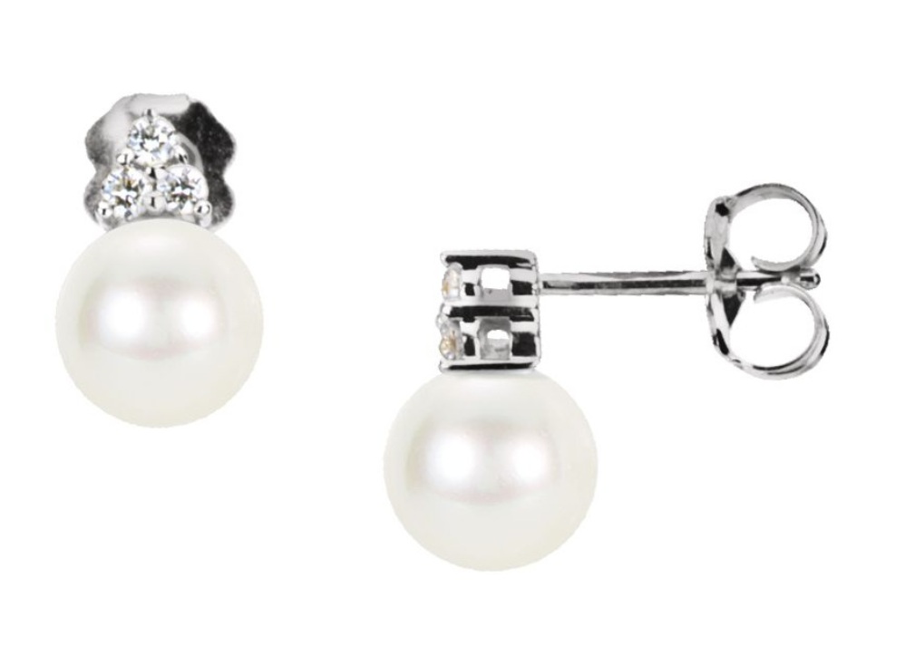 White Cultured Freshwater Pearl and Diamond Earrings, Rhodium-Plated 14k White Gold (7-7.5 MM)