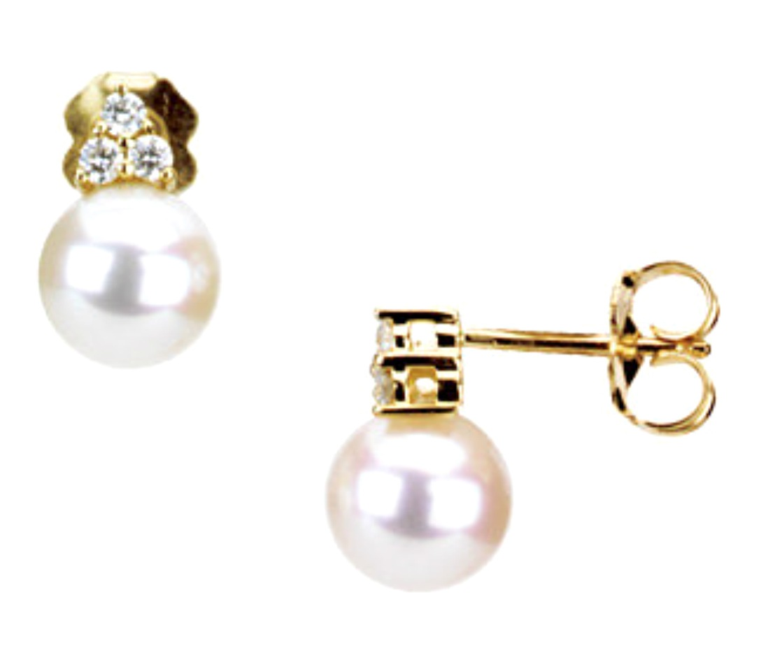 White Cultured Freshwater Pearl and Diamond Earrings, 14k Yellow Gold (7-7.5 MM)