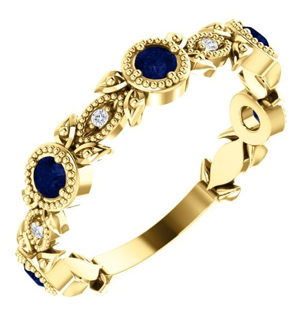 Chatham Created Blue Sapphire Diamond Vintage-Style Ring, 14k Yellow Gold