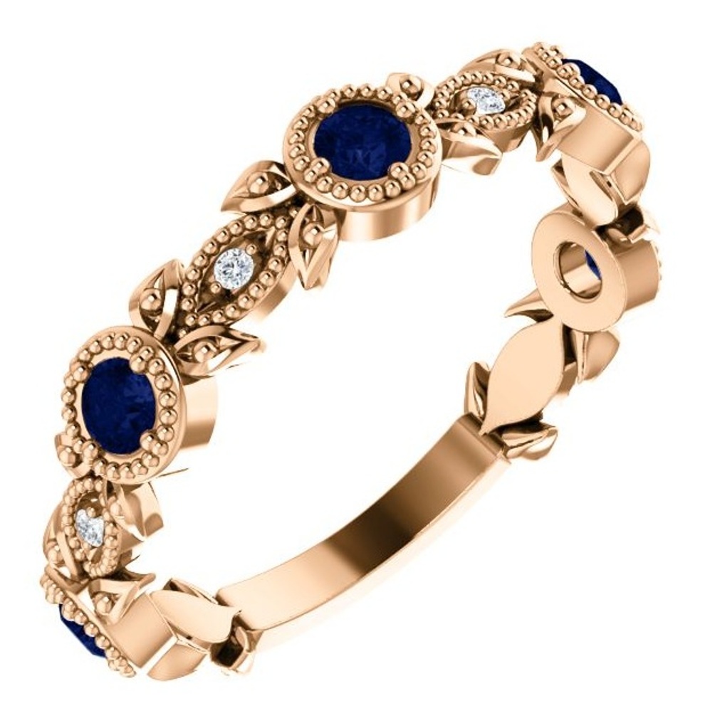 Chatham Created Blue Sapphire Diamond Vintage-Style Ring, 14k Rose Gold