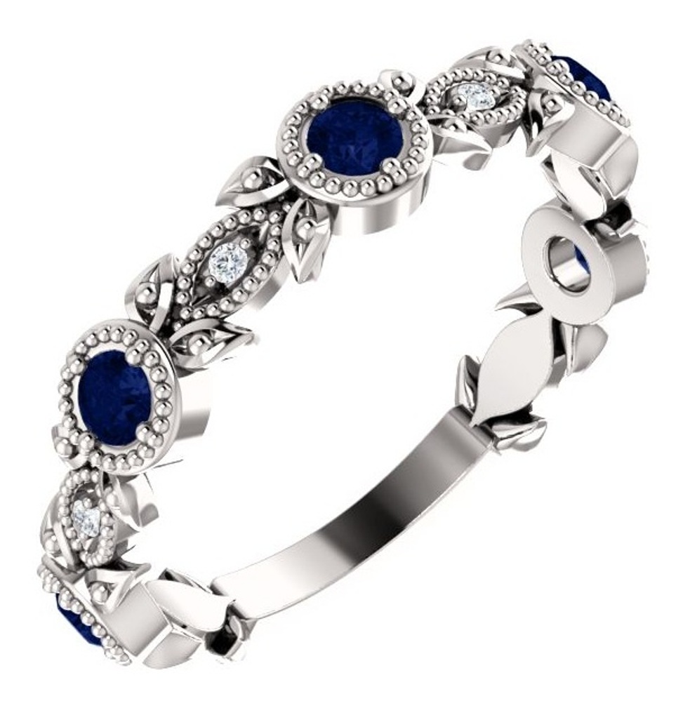 Platinum Chatham Created Blue Sapphire Diamond Vintage-Style Ring