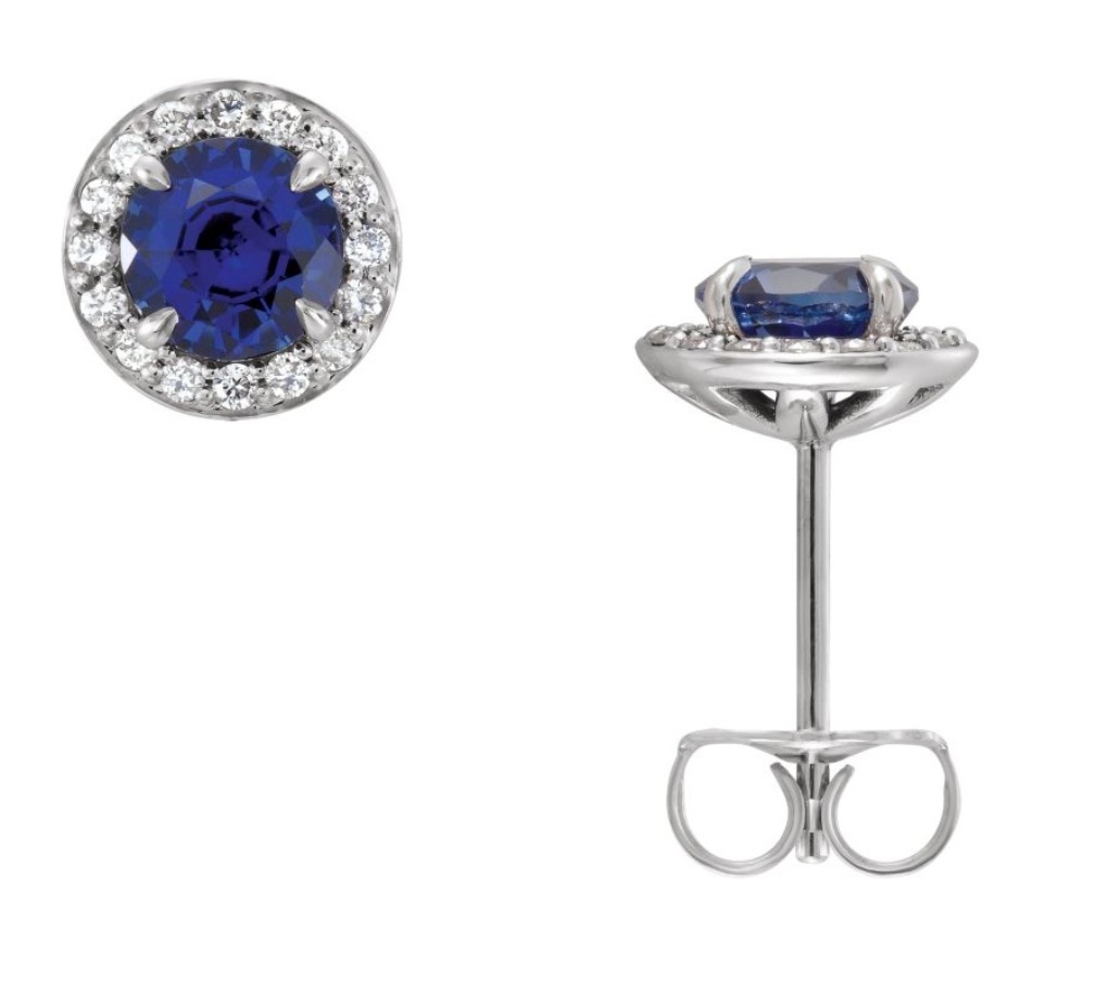 Chatham Created Blue Sapphire and Diamond Halo-Style Earrings Rhodium-Plated 14k White Gold