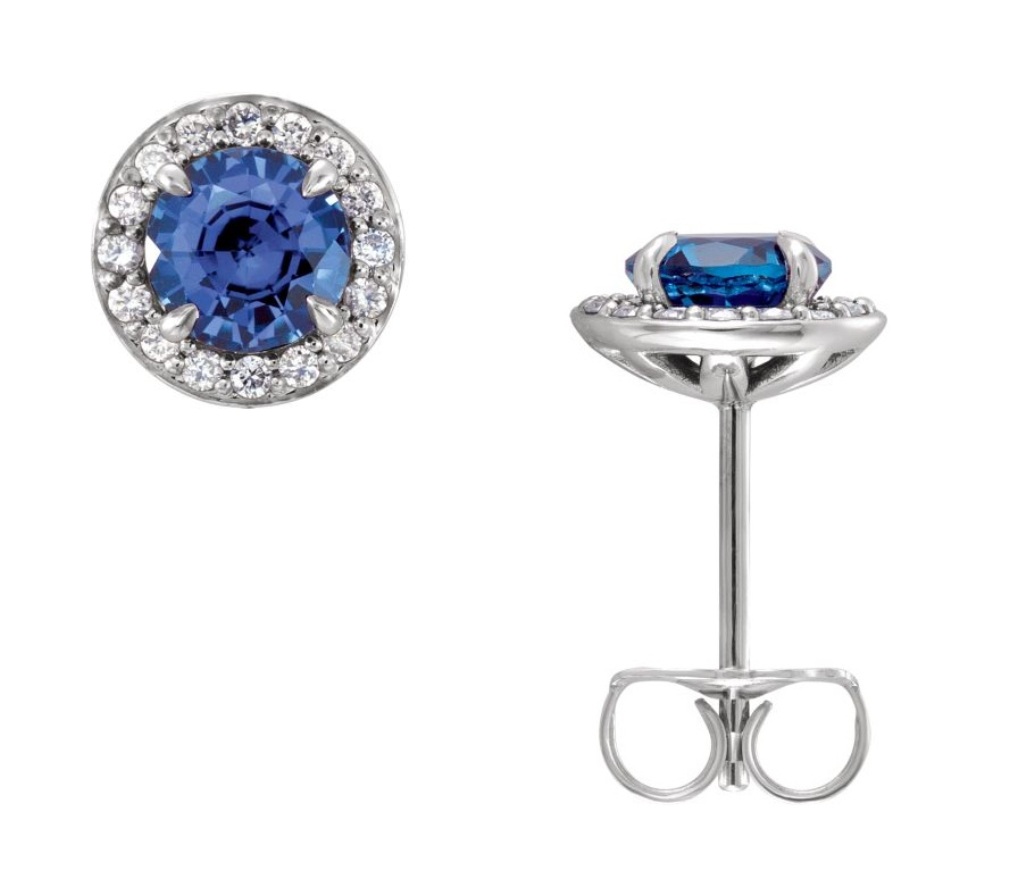 Blue Sapphire and Diamond Halo-Style Earrings Rhodium-Plated 14k White Gold