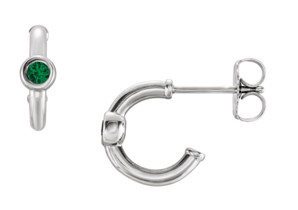 Chatham Created Emerald J-Hoop Earrings, Rhodium-Plated 14k White Gold