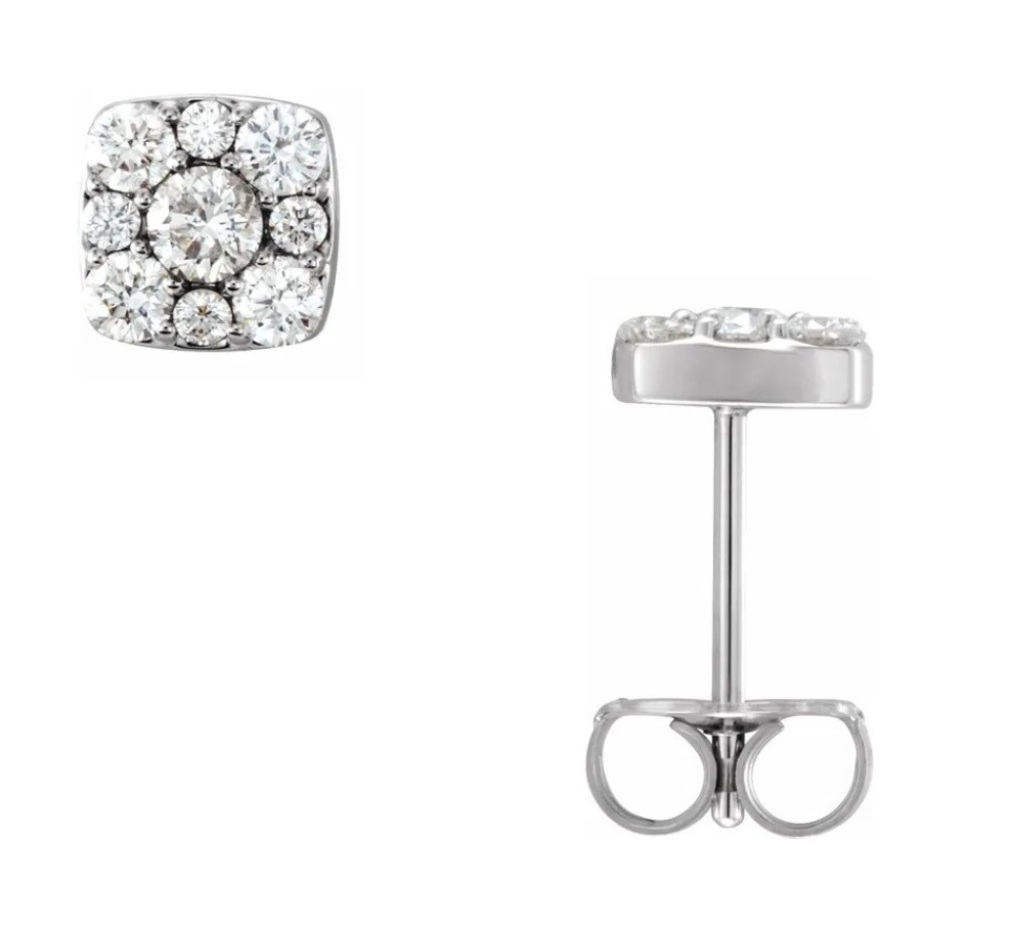 Diamond Square Cluster Earrings, Rhodium-Plated 14k White Gold 
