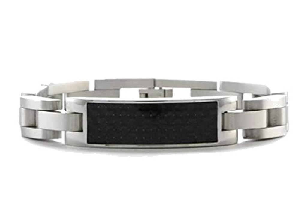 Men's Brushed Stainless Steel 11mm Black Carbon Fiber ID Panther link Bracelet, 9