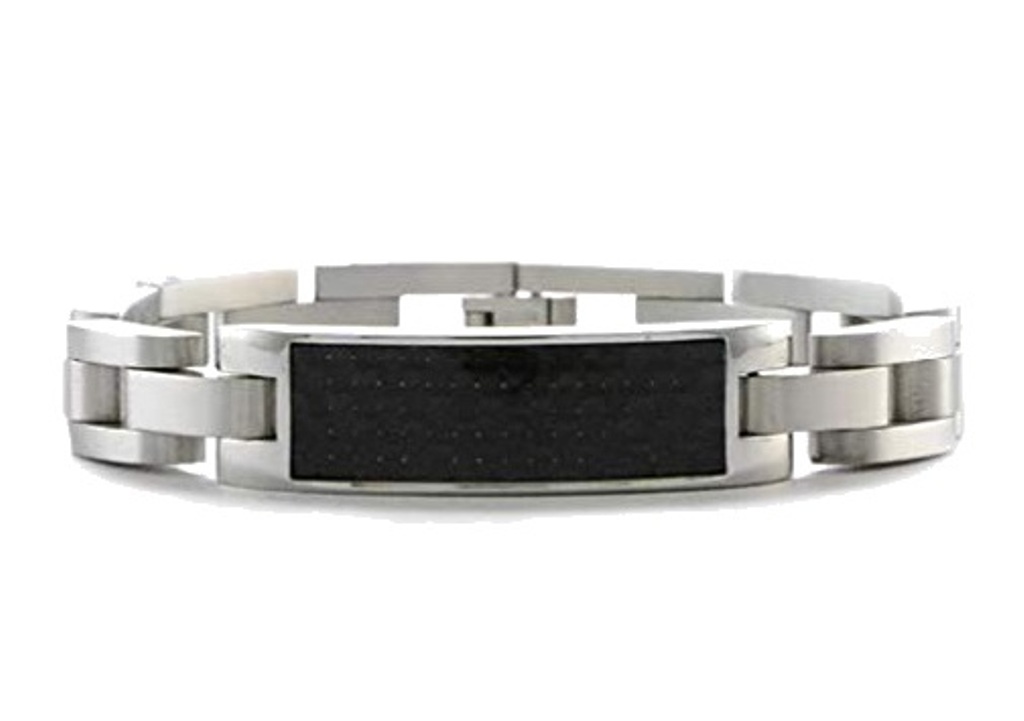 Men's Brushed Stainless Steel 11mm Black Carbon Fiber ID Panther link Bracelet, 9