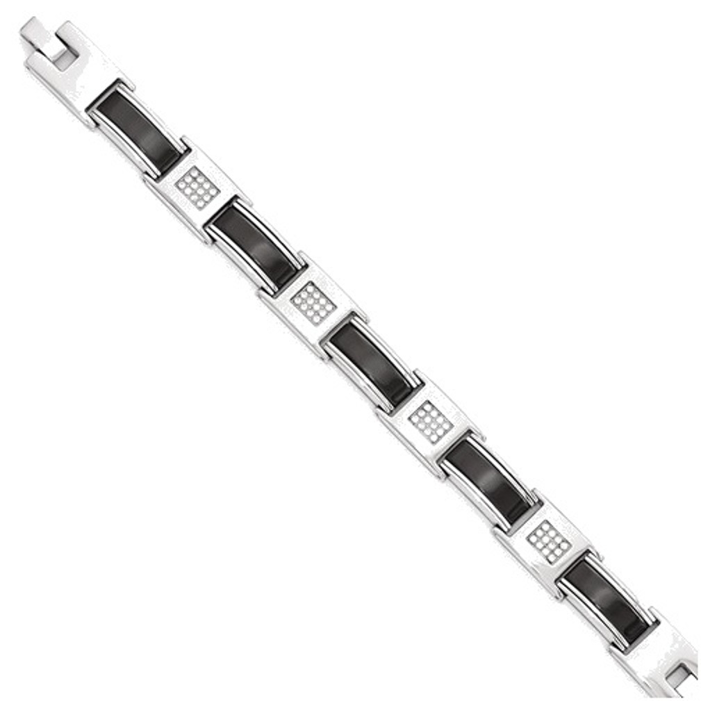 Men's Stainless Steel with Black Ceramic and CZ Bracelet, 8.5
